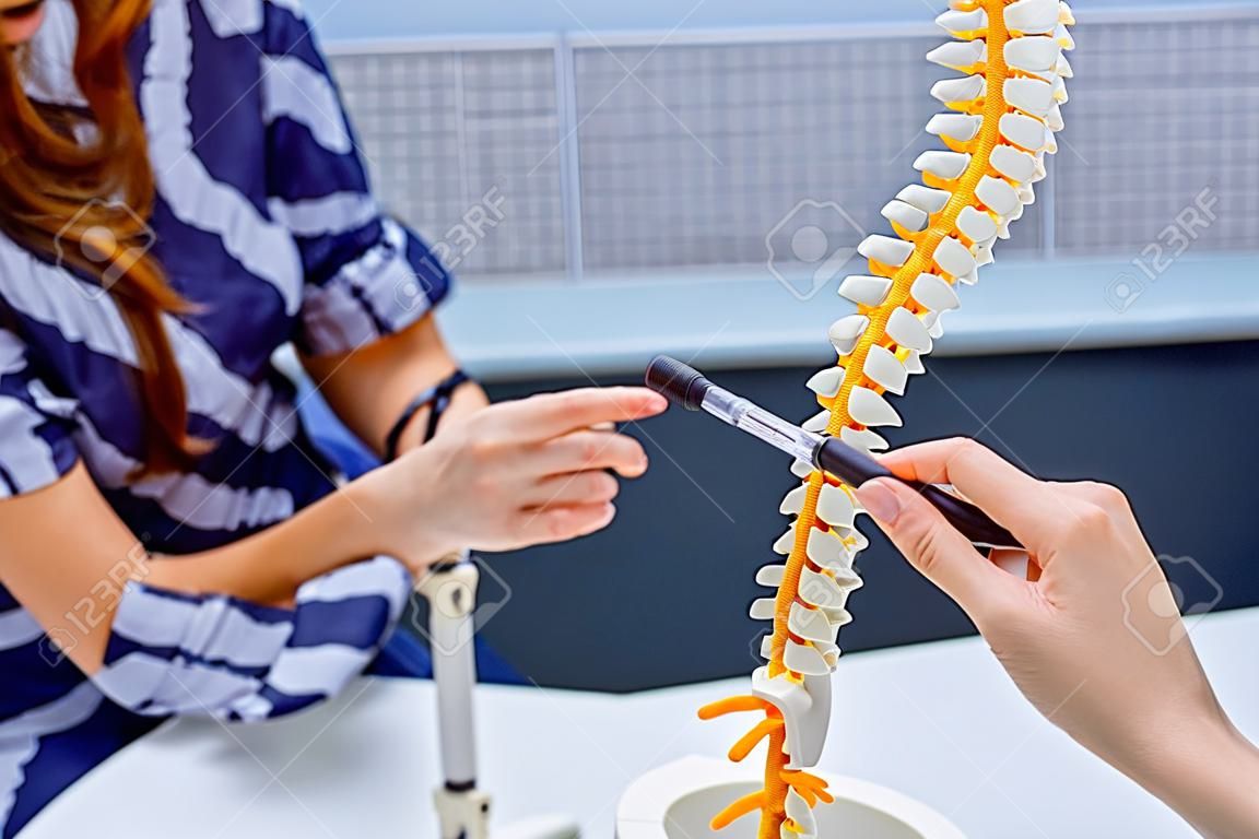 Closeup médico mujer señalando en la columna vertebral modelo y explicando paciente femenina su problema. Concepto de salud