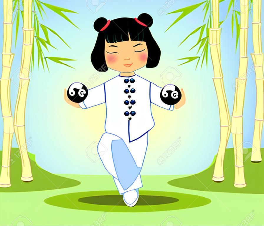 Chinese girl with tai Chi balls in a bamboo grove