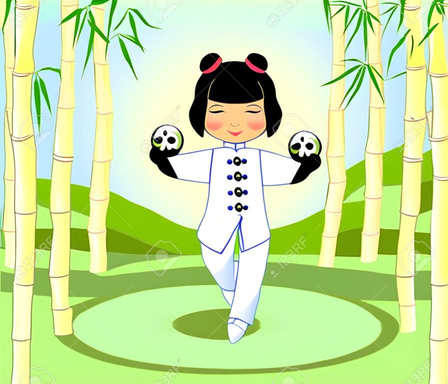 Menina chinesa com bolas de tai Chi em um bosque de bambu