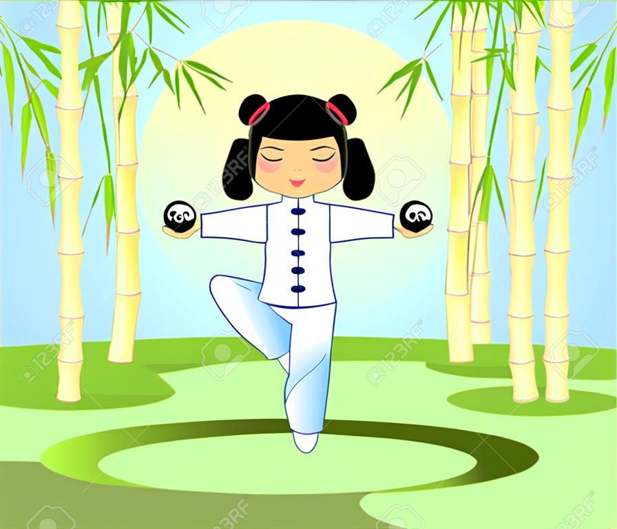 Chinese girl with tai Chi balls in a bamboo grove