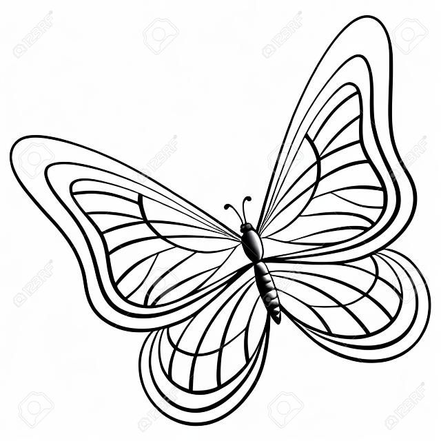pillangó, kézzel draw fekete-fehér kontúrok, fehér alapon
