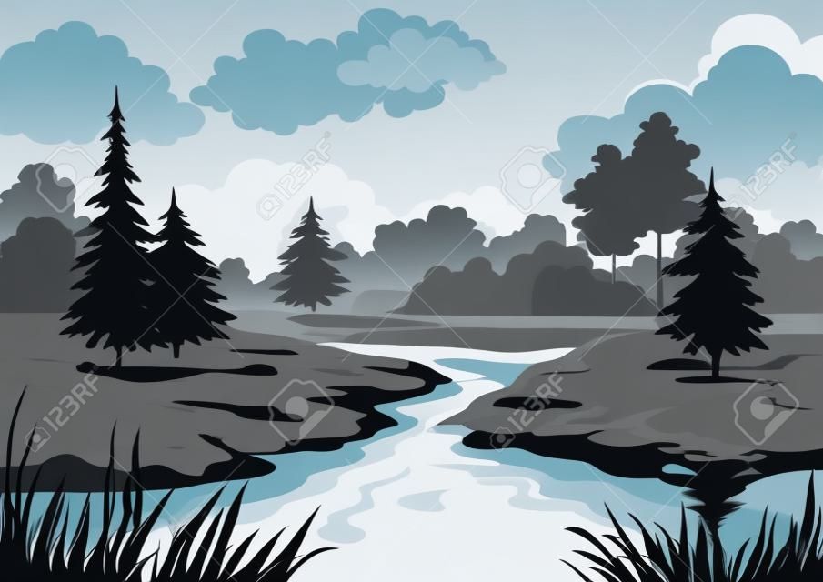 Landschaft, Bäume und Fluss, schwarz und grau Kontur-Silhouette auf weißem Hintergrund. Vektor