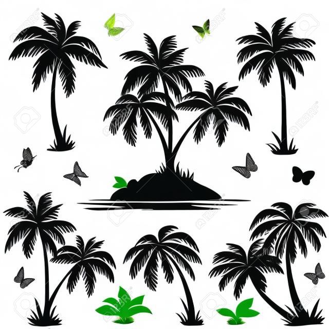 Tropical set: sea island with plants, palm trees, flowers and butterflies, black silhouettes isolated on white background. Vector