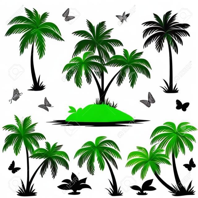 Conjunto tropical: ilha do mar com plantas, palmeiras, flores e borboletas, silhuetas pretas isoladas no fundo branco.