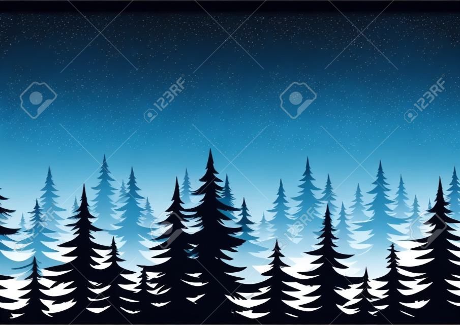 无缝背景景观夜景森林与枞树剪影矢量图
