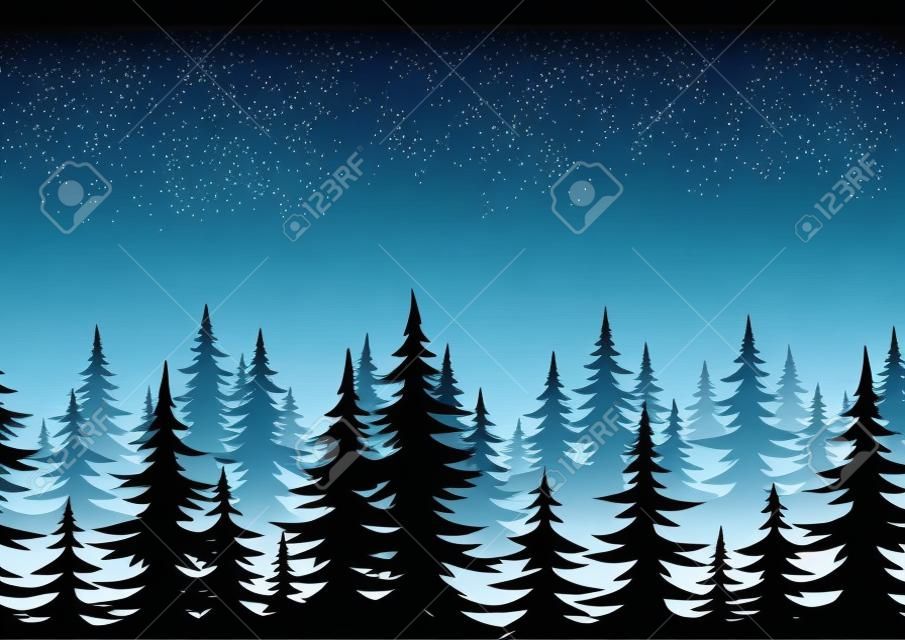 Seamless background, landscape, night forest with fir trees silhouettes. Vector
