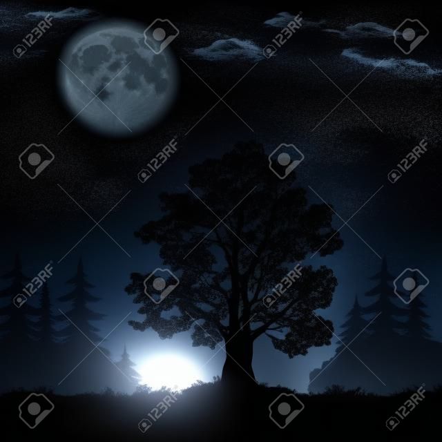 Oak tree, a black silhouette against the night spruce forest and sky with the moon 