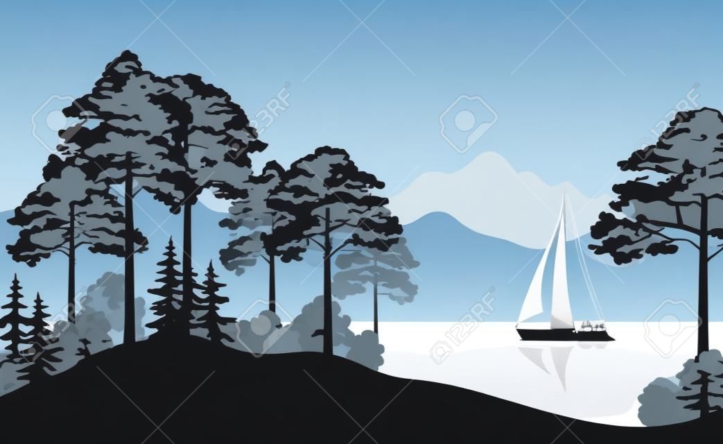Landscape with Sailboat on a Mountain Lake, Fir Trees, Pines and Bushes, Black and Grey Silhouettes. Vector