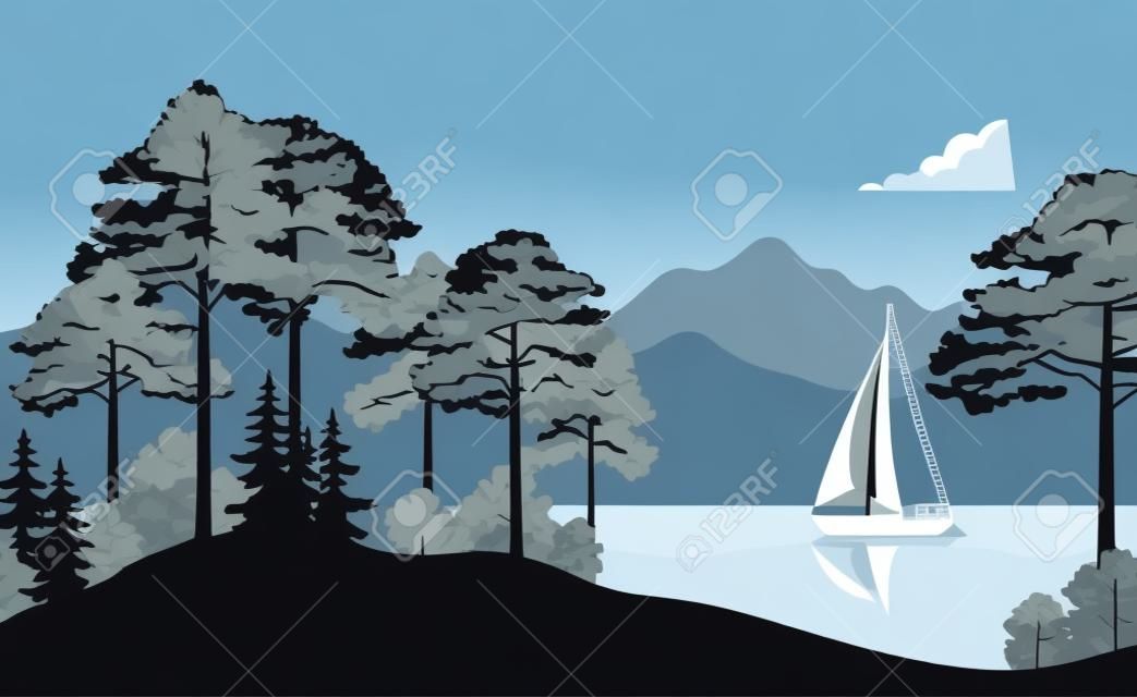 Landschap met Zeilboot op een bergmeer, Fir Trees, Pines en Bushes, Black en Grey Silhouettes. Vector