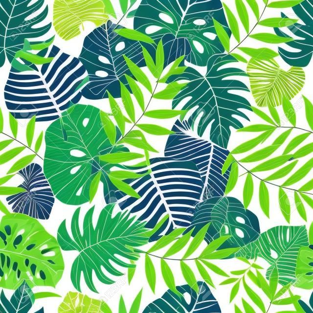 Vector light tropical leaves summer hawaiian seamless pattern with tropical green plants and leaves on navy blue background.
