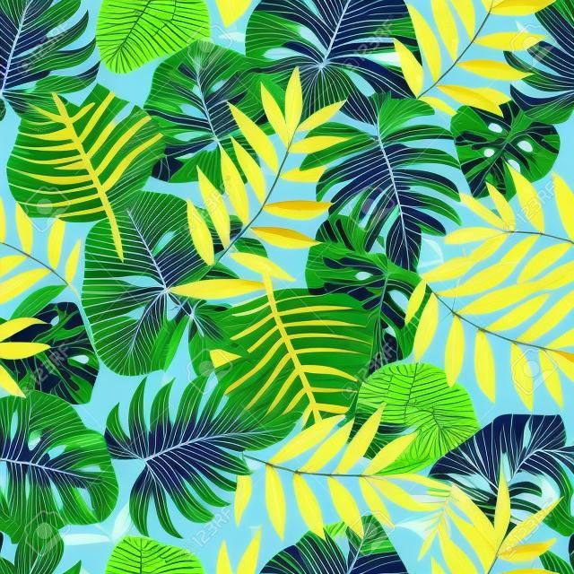 Vector light tropical leaves summer hawaiian seamless pattern with tropical green plants and leaves on navy blue background.