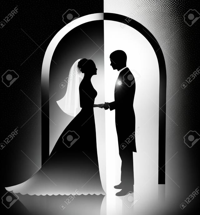 Siluetas de blanco y negro de un novio y una novia de mano y de pie bajo un arco.