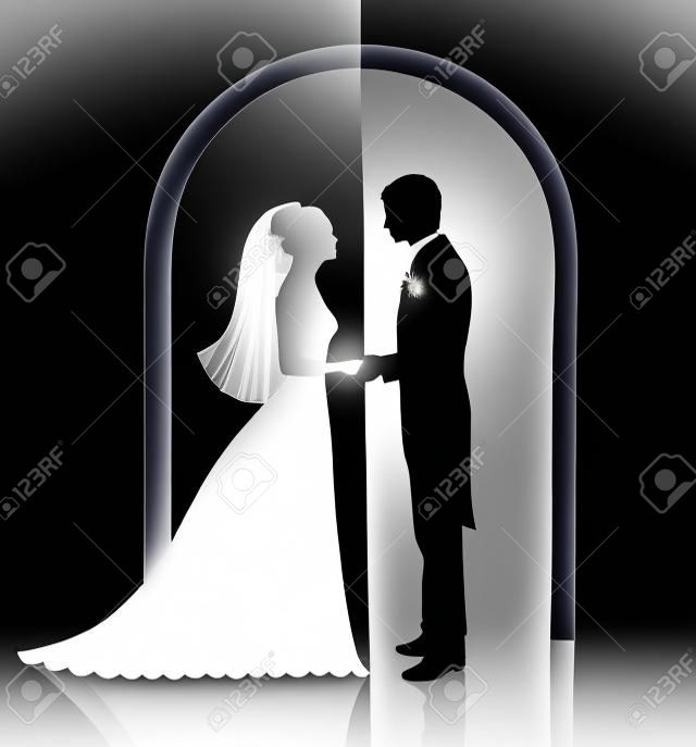 Silhouettes noires et blanches d'un marié et une mariée se tenant par la main et debout sous une arche.
