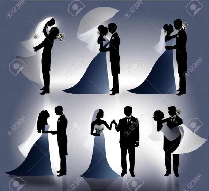 Set of vector silhouettes of a groom and a bride.