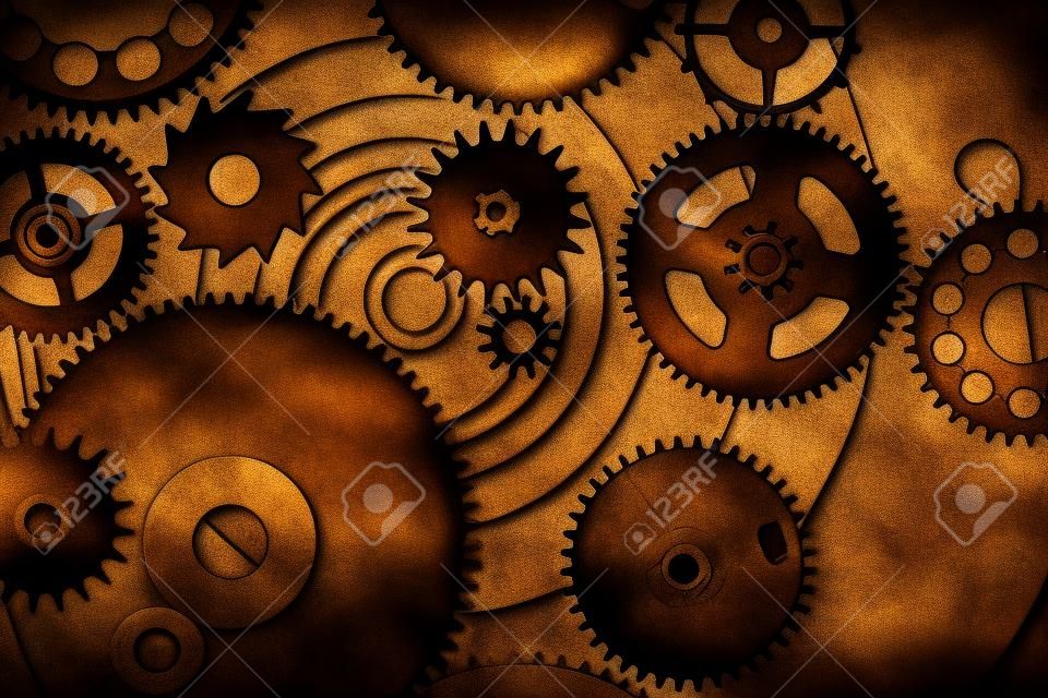 Sfondo Steampunk di orologi meccanici dettagli su sfondo vecchio metallo. All'interno l'orologio, ingranaggi