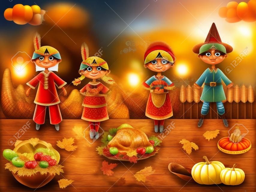 Giorno del Ringraziamento, sfondo con indiani e piligrims