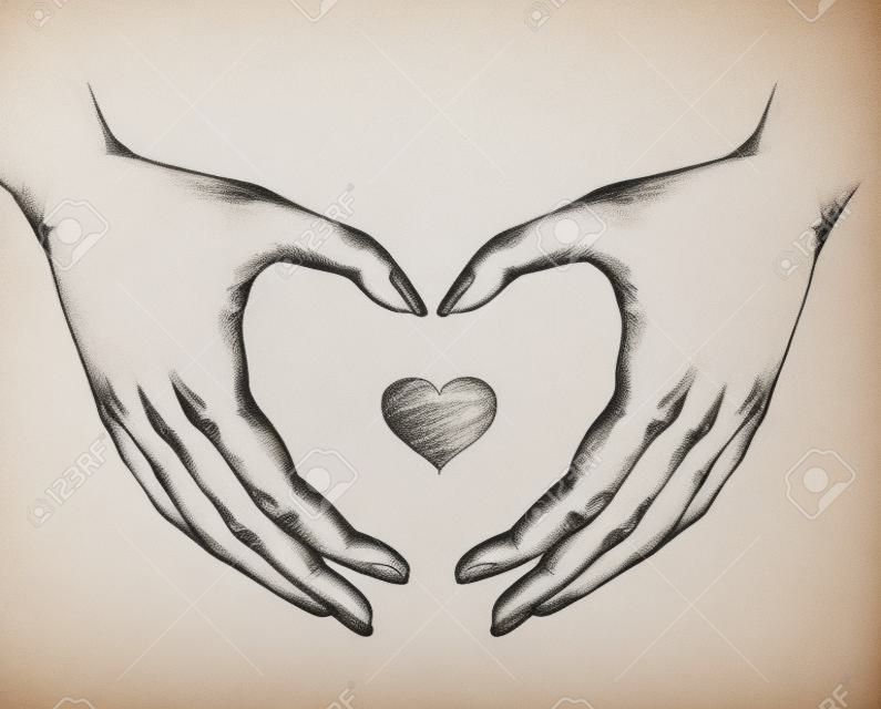 Drawing of woman hands built in form of  heart