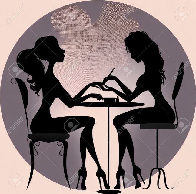 Illustration of silhouette of a girl who makes a manicure at the beauty salon