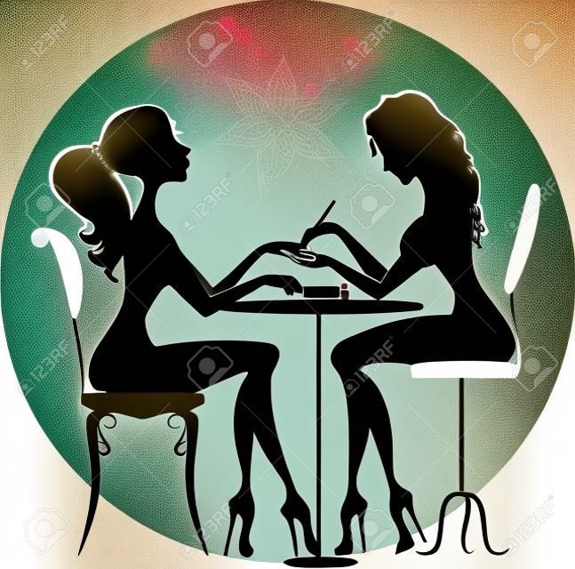 Illustration of silhouette of a girl who makes a manicure at the beauty salon
