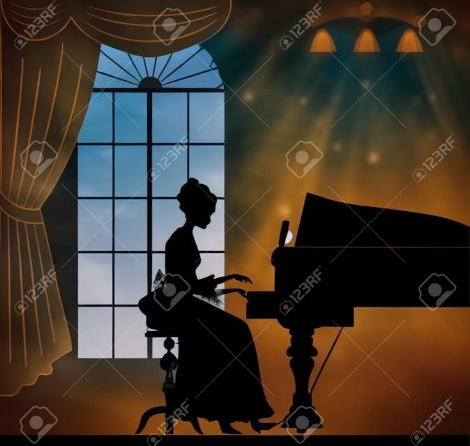 Silhouette femme à jouer du piano