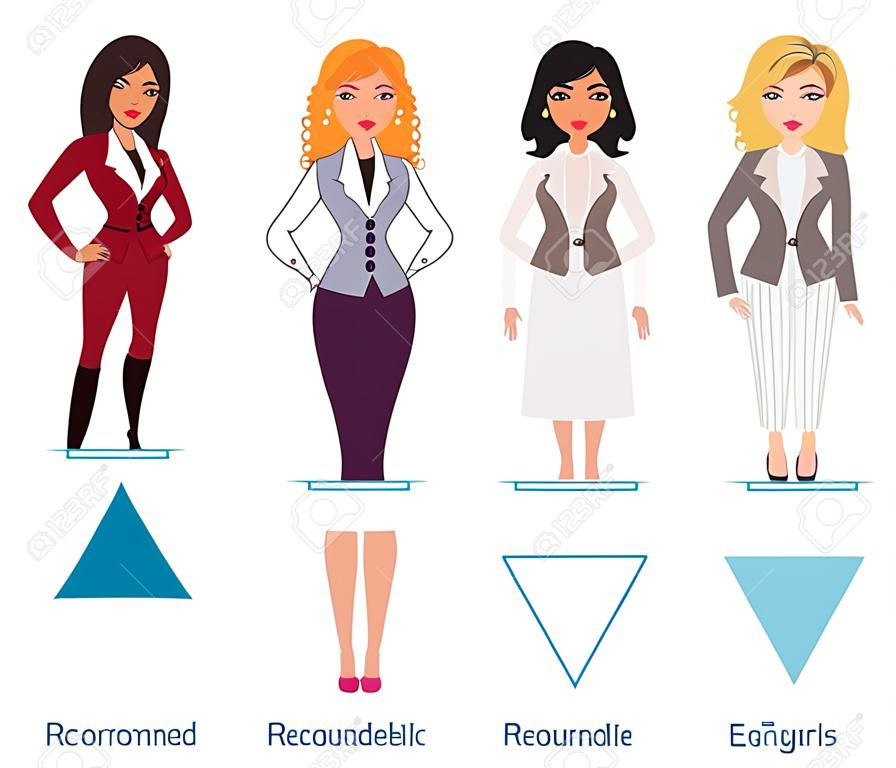 Recommended styles of daily clothes for 5 types of female figures: hourglass, triangle, rectangle, round and inverted triangle, vector hand drawn illustration