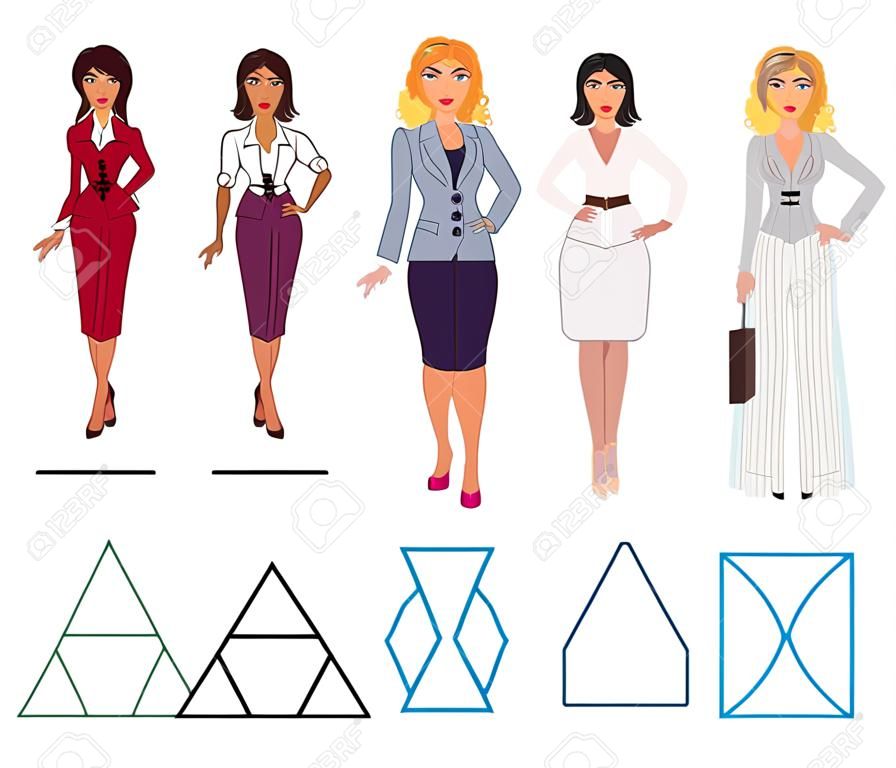 Recommended styles of daily clothes for 5 types of female figures: hourglass, triangle, rectangle, round and inverted triangle, vector hand drawn illustration