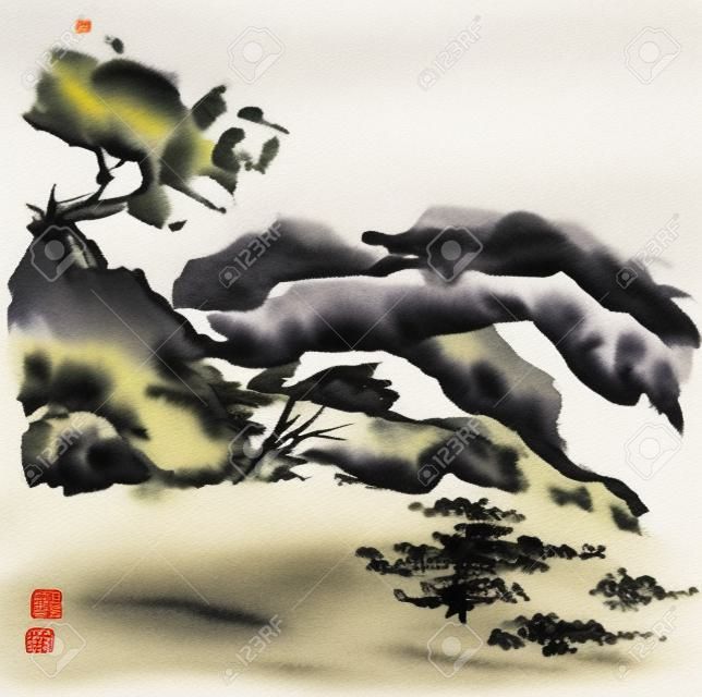 Watercolor and ink chinese landscape with trees. Sumi-e, u-sin, gohua painting.