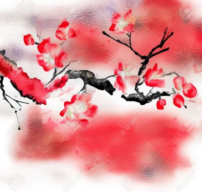 Watercolor and ink illustration of tree branch with red flowers, grunge watersplashes texture background, sumi-e and u-sin oriental traditional painting, illustration on white background