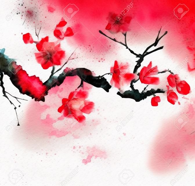 Ilustração de aquarela e tinta de ramo de árvore com flores vermelhas, águas grungeplashes textura fundo, sumi-e e u-sin pintura tradicional oriental, ilustração sobre fundo branco