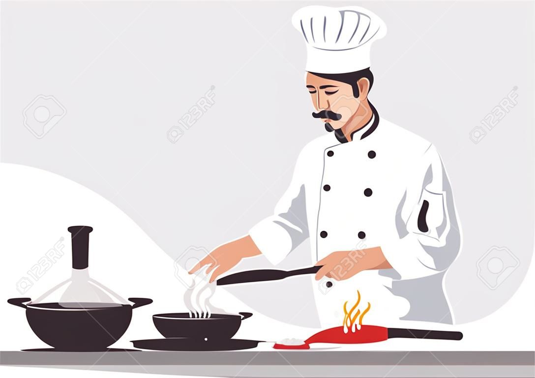 Chef cooking in the kitchen. Vector illustration in flat style.