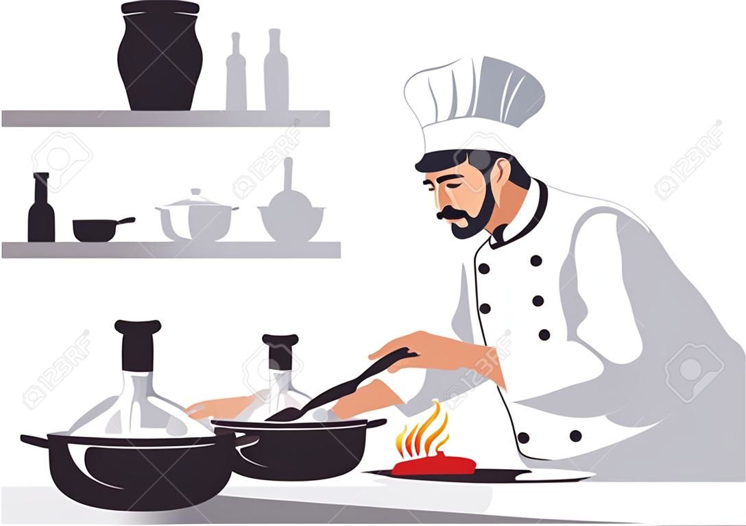 Chef cooking in the kitchen. Vector illustration in flat style.