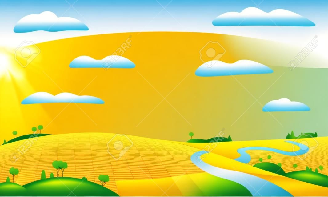 Paysage de vecteur avec champ ensoleillé. Illustration de paysage de ferme rurale.