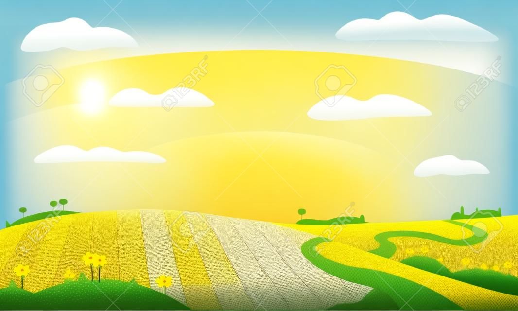 Paysage de vecteur avec champ ensoleillé. Illustration de paysage de ferme rurale.