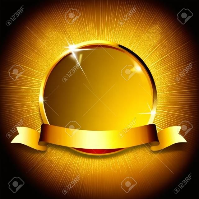 검은 배경에 분리된 광선과 반짝이와 황금 리본이 있는 황금빛 반짝이는 반지. 벡터 골든 프레임입니다.