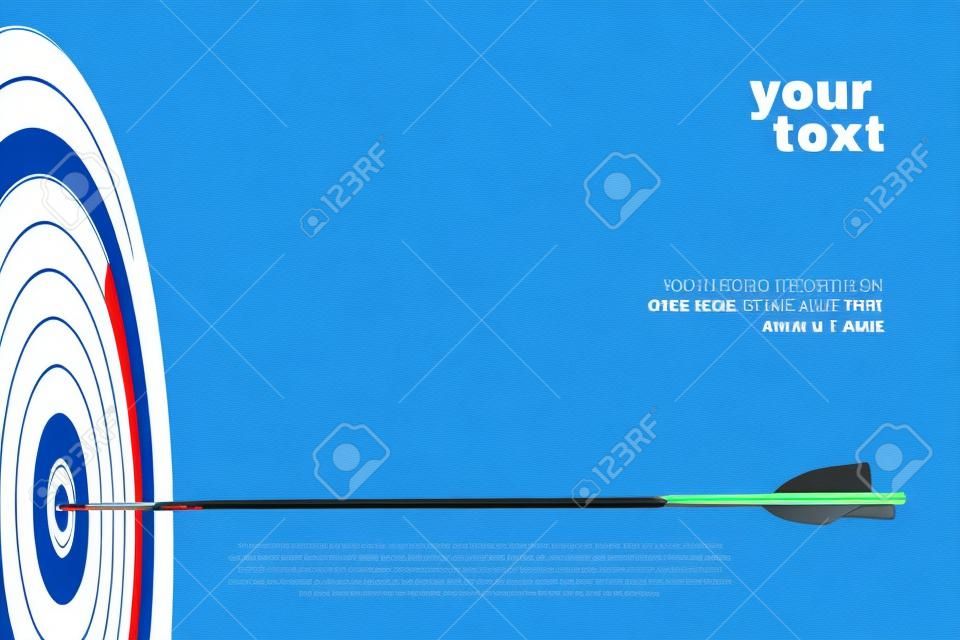 Archery target with arrow and text blocks on blue background. Vector landing page, poster or banner template.
