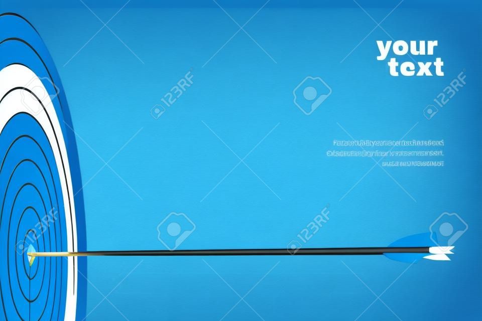 Archery target with arrow and text blocks on blue background. Vector landing page, poster or banner template.