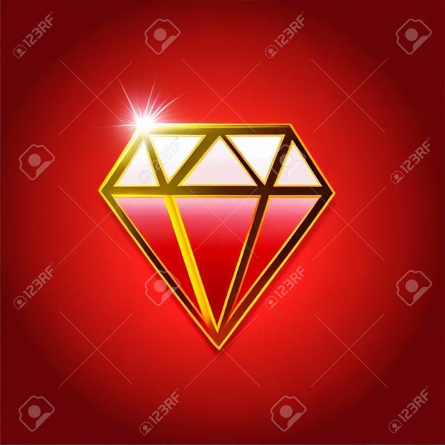 Forme de diamant brillant doré isolé sur fond rouge. Élément de conception de vecteur.