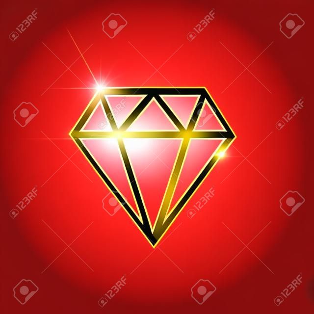 Forme de diamant brillant doré isolé sur fond rouge. Élément de conception de vecteur.