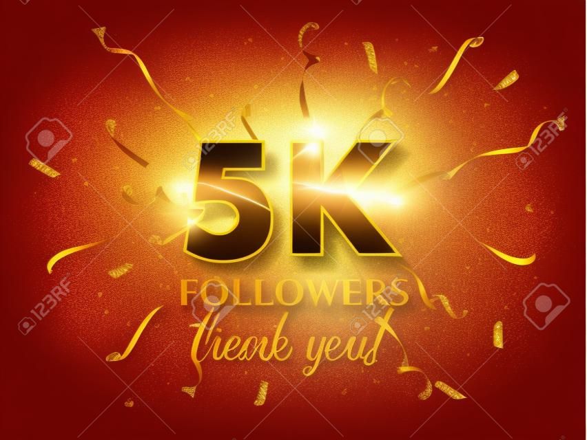5000 followers celebration vector banner with text. Social media achievement poster. 5k followers thank you lettering. Golden sparkling confetti ribbons. Shiny gratitude text on red gradient backdrop