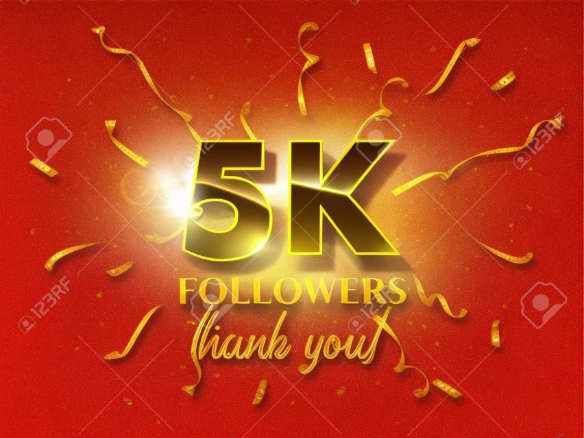 5000 followers celebration vector banner with text. Social media achievement poster. 5k followers thank you lettering. Golden sparkling confetti ribbons. Shiny gratitude text on red gradient backdrop