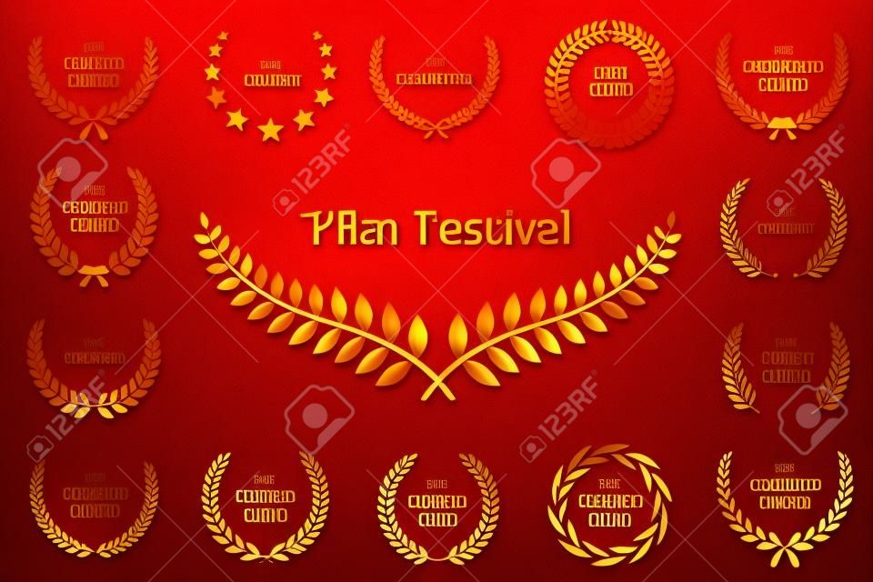 Golden shiny award laurel wreaths isolated on red curtain background. Vector Film Awards design elements.