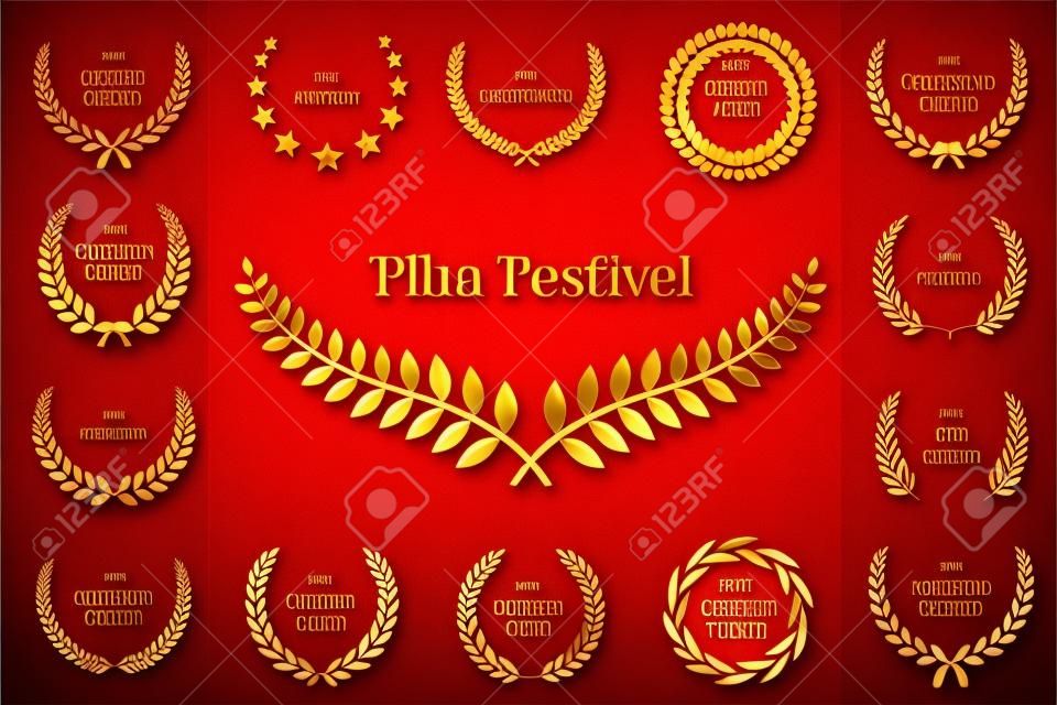 Golden shiny award laurel wreaths isolated on red curtain background. Vector Film Awards design elements.