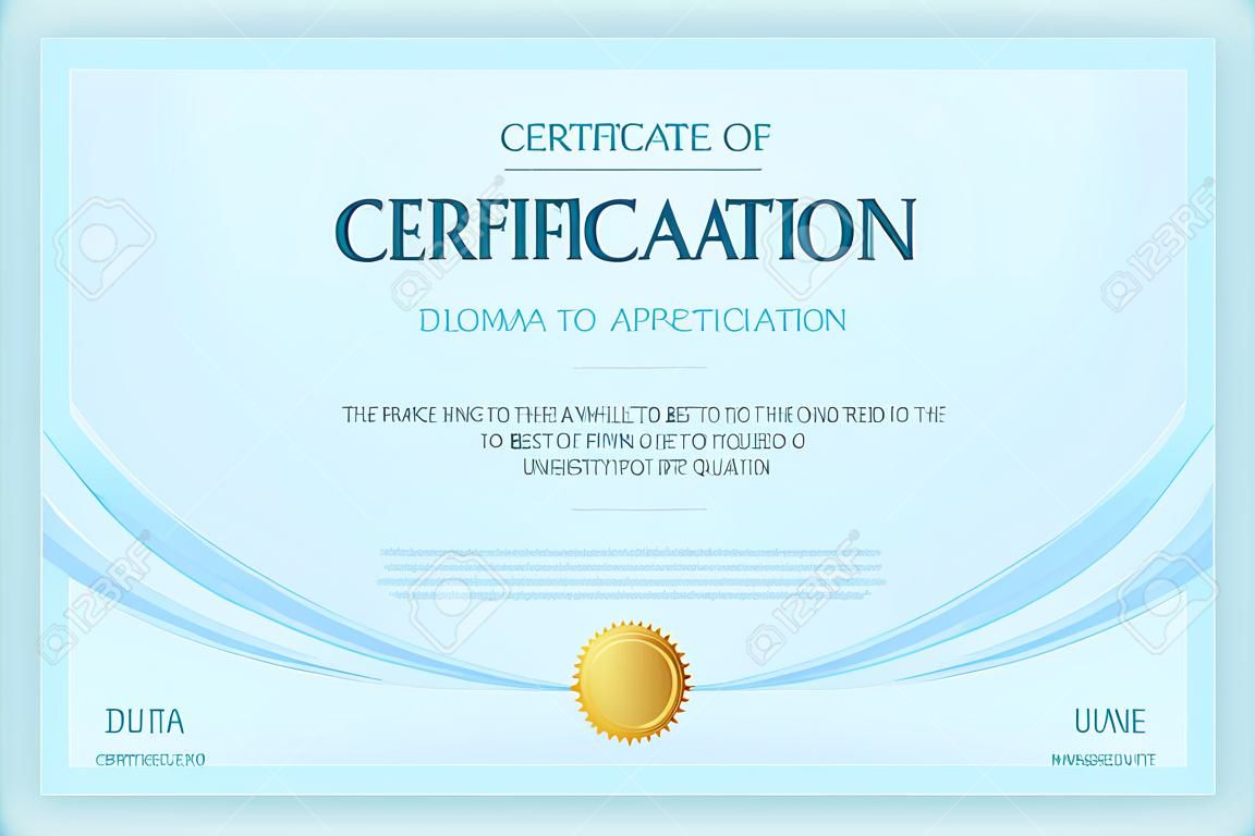 Certificate of appreciation color vector template. Diploma layout with text space. Luxury graduation document with golden seal. Business and management course. University, college achievement award.