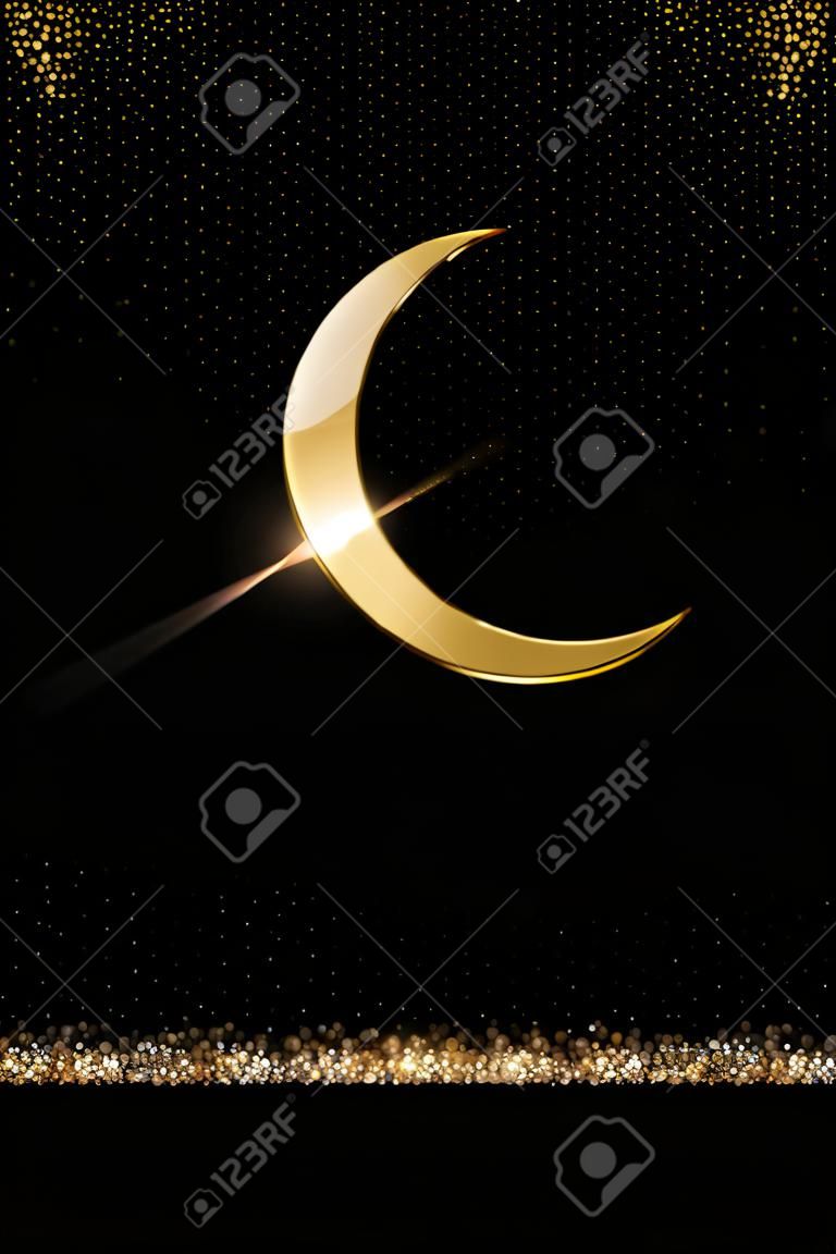 Golden glowing shiny new crescent moon on dark luxury