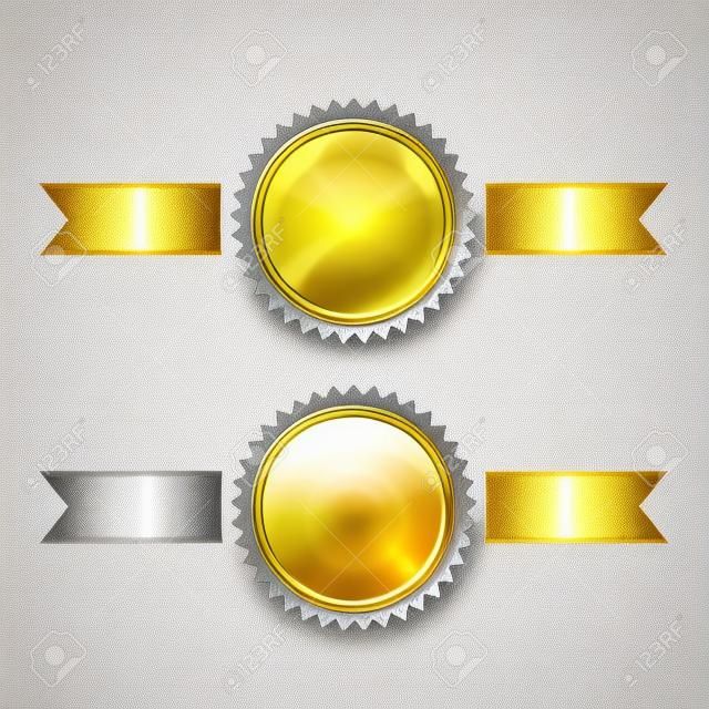 Golden and silver stamps with horizontal ribbons isolated on white background. Luxury chrome seals. Vector design elements.