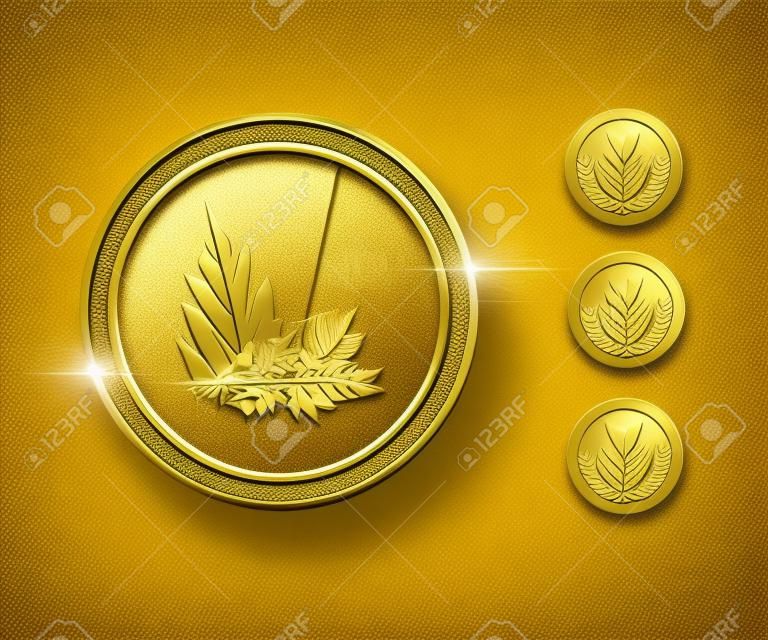 Award golden blank medals 3d realistic illustration. First place medals with laurel leaves. Certified. Quality blank, empty badge, emblem set