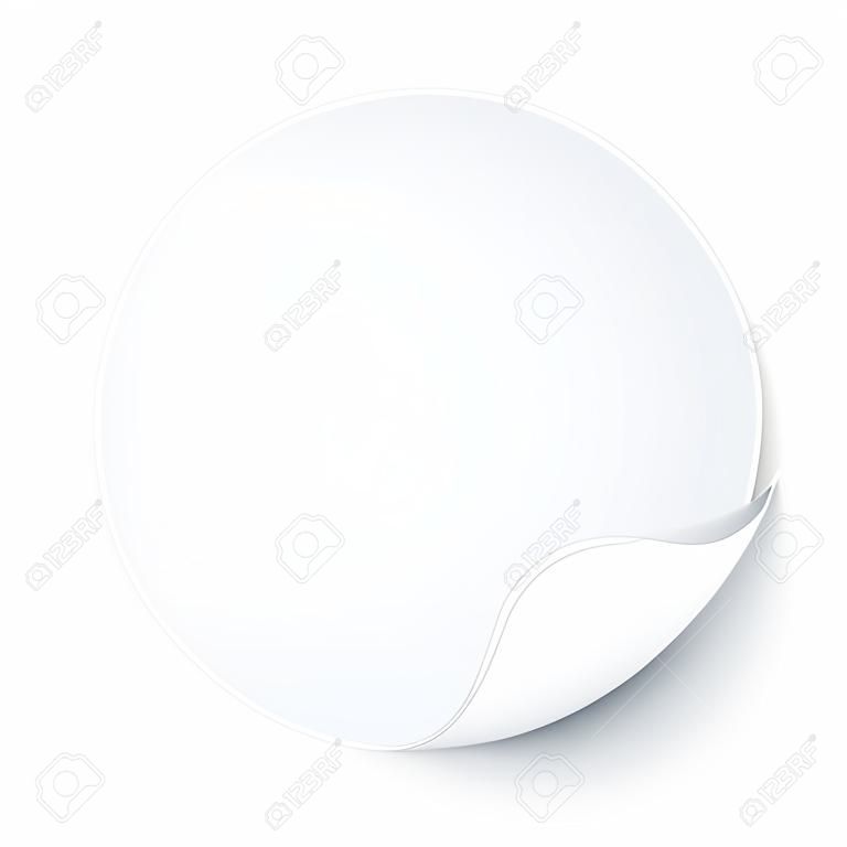 White paper round sticker with curl corner vector illustration. Circle sticker blank page leaf with curved rolled edge, empty flip document, template design element isolated on white