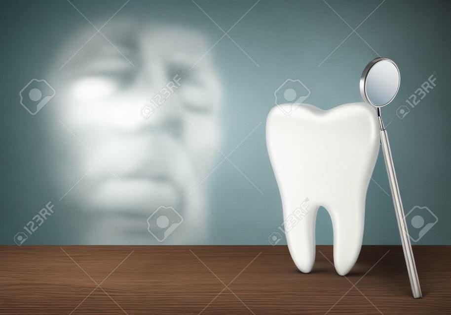 Grande dente e dentista espelho na clínica dentista em fundo