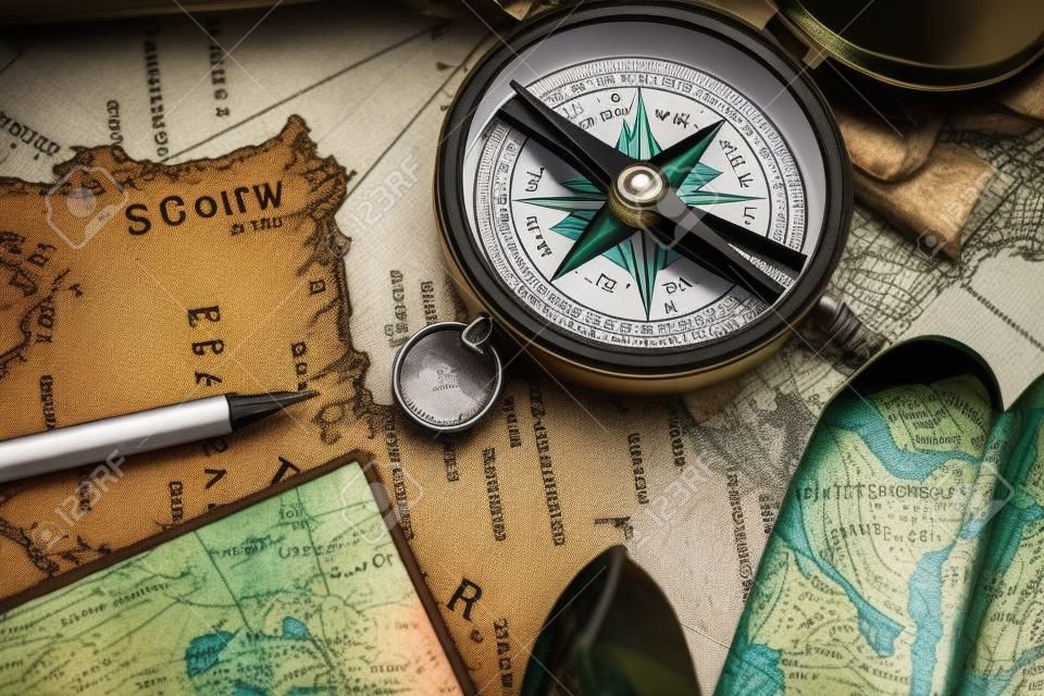 compass wallet and passport on the old map