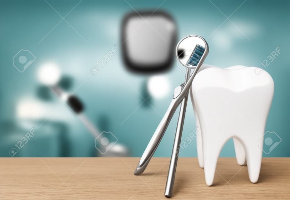 Grote tand en tandarts spiegel in tandarts kliniek op achtergrond